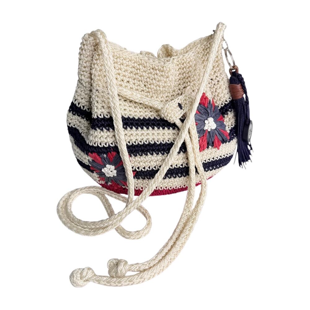 The Sak Floral Knitted Bag Nautical Drawstring Crossbody Handbag Purse Patriotic